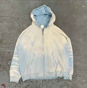 Custom Luxury Distressed Hoodies French Terry Acid Wash Heavyweight Boxy <b>Cropped</b> <b>Zip</b> <b>Up</b> Rhinestone Hoodies Men OEM - Product Image 6