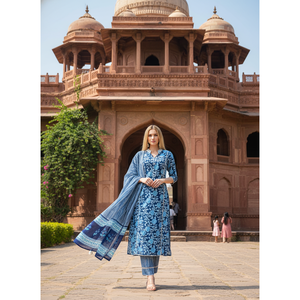 Kurta en coton à manches 3/4 à imprimé floral décontracté bleu Égée avec pantalon et dupatta - Product Image 1