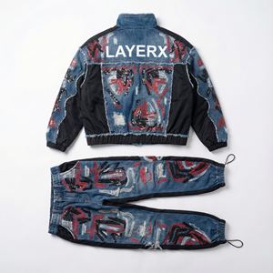 Custom Women <b>Denim</b> Jean Tracksuit Solid Nylon Embroidered Windbreaker Set Distressed <b>Jacket</b> Stacked Pants Streetwear Lightweight - Product Image 3