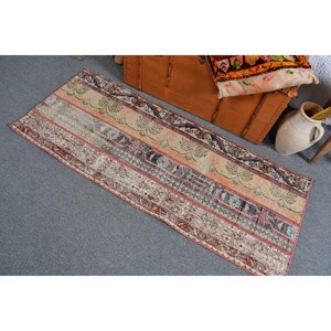 Turkish Small 2.2x5.4 ft Vintage Moroccan <b>Wool</b> Rug Red <b>Brown</b> Patchwork Design Eco-Friendly Latex Backing - Product Image 3