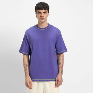 Camiseta Morada Extra Grande para Hombre, Diseño de Costuras en Contraste, Algodón, Estilo Urbano, Informal, Manga Corta, Top de Moda - Product Image 5