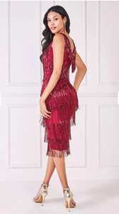 Belle robe midi ornée de perles franges sans manches décolleté ovale taille naturelle décorations de perles robe de bal courte - Product Image 2