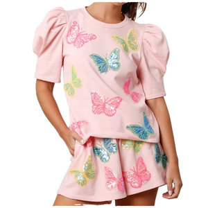 Conjunto de camisetas y pantalones cortos informales de media manga para mujer OEM, el mejor chándal de 2 piezas con mariposa de lentejuelas para verano - Product Image 1