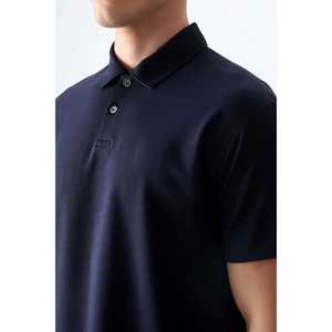 T-shirt pour homme en coton bleu marine, épais, doux et texturé, col polo, coupe ample, tissu Oxford respirant - 88381 - Product Image 3