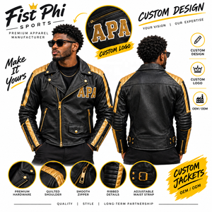 Veste en cuir pour homme brodée sur mesure APA Fraternity, noire et or, OEM ODM. - Product Image 3