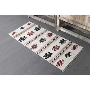 Alfombra de 1.8x4 pies, Alfombra Turca Vintage, Alfombra de Lana Kilim Blanca - Product Image 4