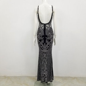 Vestido Maxi de Satén Sexy para Mujer, Estilo Tubo, Cuello en V, Sin Mangas, Espalda Descubierta, con Cuentas, Cintura Natural, Spandex/Poliéster - Product Image 2