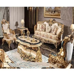 Juego de sofá de madera de teca de 8 plazas tallado pesado clásico juego de sofá pulido dorado de madera de teca de lujo para sala de estar sofá tallado de gama alta - Product Image 1