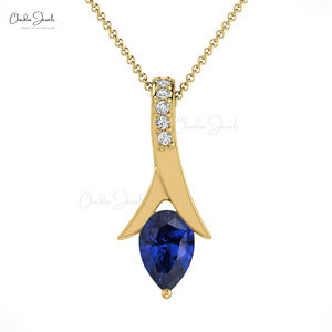 Pendentif délicat en diamant taille brillant G-H de 0,9 mm avec sertissage clos de 6x4 mm, collier en saphir bleu, or massif 14 carats, bijoux personnalisés - Product Image 1