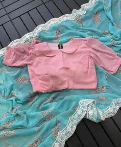 Hermoso Sari Georgette con estampado floral completo con borde de trabajo cortado, blusa cosida de diseñador, Sari de ropa de boda.