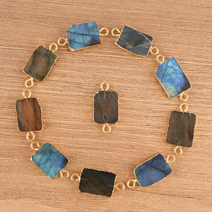 Connecteur en labradorite naturelle, double bélière, plaqué or 18 carats, forme rectangulaire, composants de conception, fournitures - Product Image 1