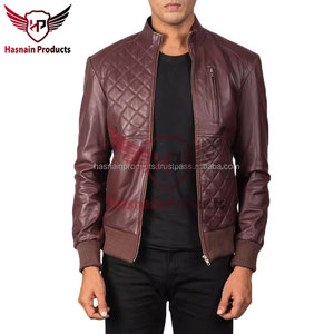 Chaqueta Bomber de Cuero Genuino para Hombre, Color Granate, con Paneles Acolchados, Cuello Alto, Cremallera, Bolsillo en el Pecho, Piel de Oveja, Estilo Biker, Personalizada - Product Image 3