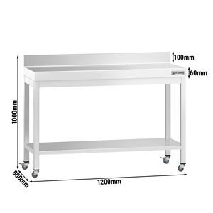 Commercial <b>Stainless</b> <b>Steel</b> <b>Table</b> with Upstand PREMIUM - 1200x800mm - with Undershelf - with Wheels - with Rear Upstand - Product Image 2