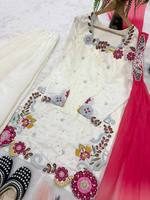 Magnifique Ensemble Sharara d'Hiver Blanc en Soie et Polyester avec Broderies de Perles et Moti, Style Indien, 3 Pièces (Haut, Bas et Salwar Kameez)