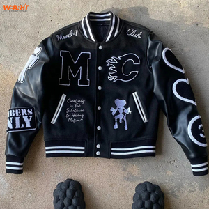 CVarsity Hommes Letterman Baseball Noir Laine Véritable Noir Manches En Cuir Veste Bleu Et noir Varsity Broderie Travail - Product Image 1