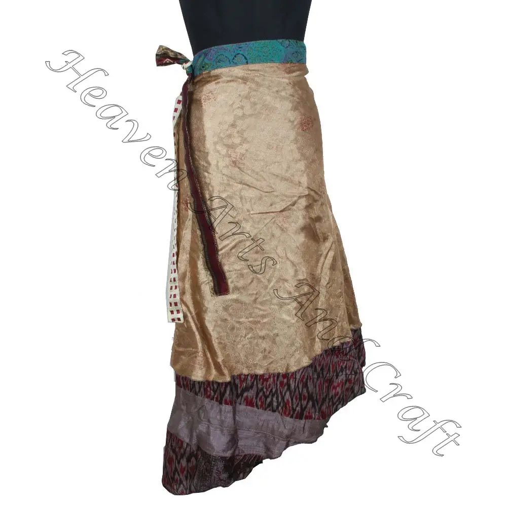 Ipek sihirli uzun Sari mini etek 2 katmanlı geri dönüşümlü sihirli ipek Saris Wrap uzun etek hint ipek Wrap vintage etek kadınlar