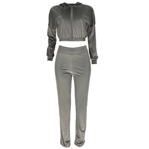 Women's Velour Tracksuit Two Piece Set Long Sleeve <b>Zip</b> up Cropped <b>Hoodies</b> with <b>Pockets</b> High Waist Pants Plus Size Sweatsuit - Product Image 2