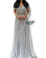 Robe de soirée de luxe pour femme, taille empire, col rond, longueur ras du sol, silhouette trapèze, ornée de perles, de cristaux et de diamants, avec broderie intégrée