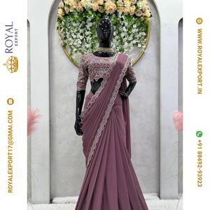 Collection de saris lavables au design moderne et ethnique, en faux georgette, avec broderies de fils et de sequins, pour occasions spéciales, pour un look élégant. - Product Image 3