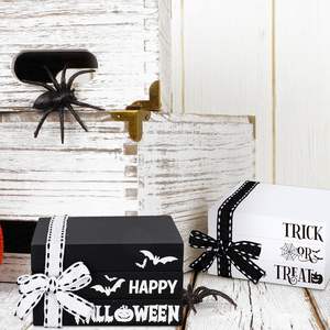 2 piles de livres en bois d'Halloween avec rubans Happy Halloween Bat Pumpkin Prints Faux Book Bundles Black White Stacked Books - Product Image 6