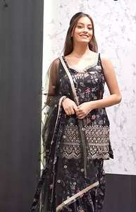 Diseñador tradicional étnico conjunto de 3 piezas listo Sharara Gharara Georgette tela bordado indio trabajo Salwar Kameez invierno - Product Image 2