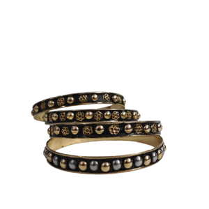 Exquisite Set of 4 Black Enamel <b>Gold</b>-Plated Bangles with Embossed Floral Studs and Metallic Bead Accents For Wedding & Party - Product Image 2