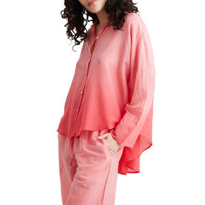 Conjunto transpirable de pijama de algodón puro de dos piezas de verano para mujer, manga larga y pantalones, cómodos conjuntos de salón con botones y volantes - Product Image 3