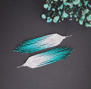 White <b>Emerald</b> Beaded Earrings Chandelier Earrings Gradient Fringe Earrings Ombre Earrings Dangle Beadwork Earrings - Product Image 1