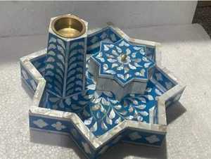 Plateau à motifs floraux, fait à la main en inde, incrustation d'os, plateau de service et de vaisselle pour la maison, l'hôtel, les Restaurants et le bureau - Product Image 3