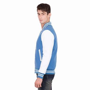 Customized Windproof Quick Dry Breathable Winter Varsity <b>Jackets</b> for <b>Men</b> Slim Fit <b>White</b> Sleeves Design Light Blue Color Best - Product Image 3