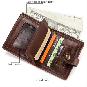 <b>Men's</b> High Quality Genuine Full Grain <b>Leather</b> Short Wallet Luxury Logo Zipper Vintage Striped Design Handmade Premium Longevity - Product Image 3