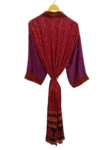 Peignoir d'été Peignoir multicolore Robe de nuit pour femme Robe longue, Kimono indien vintage en soie recyclée imprimé floral, - Product Image 6