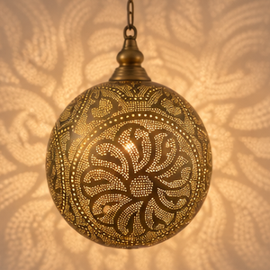 Lámpara Colgante Esférica Marroquí Hecha a Mano, con Diseño Floral y Estrellas Caladas, Color Personalizable - Product Image 1