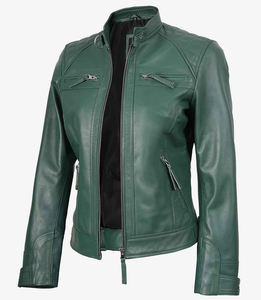 Veste de motard en cuir véritable vert émeraude sur mesure pour femmes Coupe ajustée Veste moto en peau d'agneau douce Mode Épaule matelassée en cuir - Product Image 4