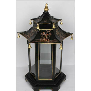 Wholesale Decorative Grey Metal Pagoda Lantern With Glass Panels And <b>Gold</b> <b>Trim</b> Tabletop Candle Holder For Indoor & Events - Product Image 2