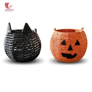 Panier en rotin Viettimecraft pour Halloween, forme ronde, fait main, écologique, très vendu, rangement, décoration intérieure, orange et noir - Product Image 1