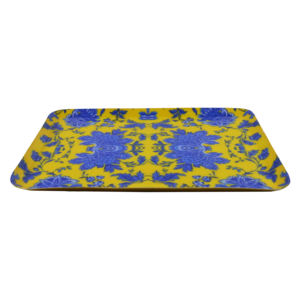 Plateau de service rectangulaire en métal finition or, design floral émaillé, poignée en métal multiple, finition argentée, plateau en bois brun - Product Image 1