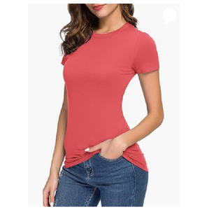 Camiseta de manga corta con cuello redondo para mujer, camiseta ajustada, Camisetas básicas transpirables con botón de decoración de logotipo, estilo informal para el verano - Product Image 1