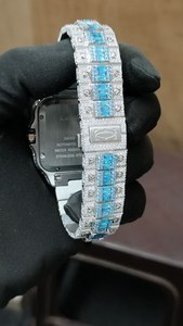 Reloj de Lujo Cuadrado con Incrustaciones de Diamantes de Imitación Azules VVS en Acero Inoxidable |   Reloj de Pulsera de Cuarzo con Alarma, Estilo Hip Hop - Product Image 5
