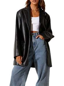 Wholesale Price Best Quality 100% Genuine Sheep Leather Ladies Double Breasted <b>Long</b> Blazer Dress Coat - Product Image 4