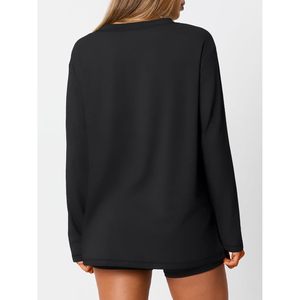 Custom Wholesale Women Long Sleeve V-Neck T-<b>Shirt</b> Loose Fit Oversized Cotton Solid Color Casual Drop Shoulder Pullover Tops - Product Image 4
