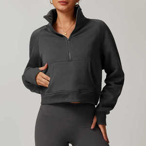 Sudadera con capucha de cuello alto de algodón de lana pesada de gran tamaño personalizada para mujer, Sudadera corta con cremallera y logotipo frontal impreso, ropa de invierno - Product Image 5