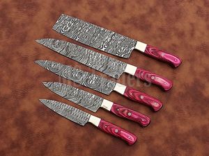 Juego de Cuchillos de Chef de Acero de Damasco de 5 Piezas, Hechos a Mano, Calidad Premium con Mango de Madera, Funda de Cuero Personalizable OEM - Product Image 3