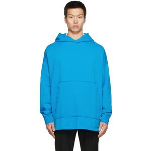 เสื้อฮู้ดดี้สีน้ำเงินพรีเมียมทรงโอเวอร์ไซส์สำหรับผู้ชาย สไตล์สตรีทแวร์ แต่งขอบดิบแบบทำเก่า ผ้าฝ้ายฟลีซหนานุ่ม ทรงหลวมไหล่ตก - Product Image 1