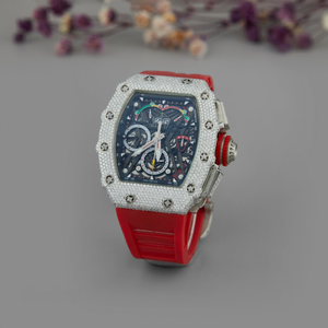 Reloj Cronógrafo de Lujo con Incrustaciones de Moissanita y Correa de Goma Roja, Estilo Hip Hop, Personalizado - Product Image 1