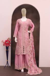 Kurti Palazzo Moderne de Qualité Supérieure avec Broderie Vichitra Réelle et Lourde, Extensible, Longueur Genou, Tenue de Mariage Indienne avec Dupatta - Product Image 6