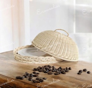 Home Kitchen Tableware Handmade Desert Cake <b>Stand</b> With Lid Handcrafted Bamboo Rattan Wicker Cake Tray With Wicker Cane Dome - Product Image 2