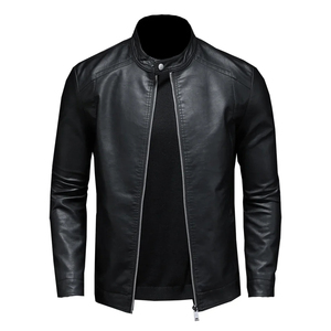 Men's Spring Autumn Leather Zipper <b>Jacket</b> Fashion Stand Collar Slim Casual Tops with <b>Canvas</b> Fabric - Product Image 5