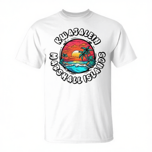 T-shirt promotionnel pour homme avec motif de palmiers et coucher de soleil vintage des îles Marshall de Kwajalein - Product Image 2