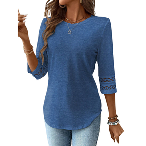 Blusa Azul para Mujer, Manga Larga, con Encaje, Transpirable, 100% Algodón, Camiseta Informal, Top para Uso Diario - Product Image 1